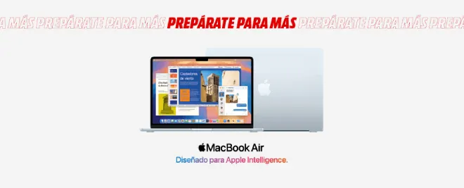 Dos MacBook Air, uno abierto y otro cerrado, con el logo MacBook Air y la frase Diseñado para Apple Intelligence debajo.
