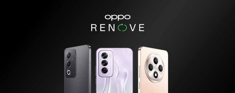 Tres teléfonos OPPO Reno se muestran contra un fondo negro, con el logo de la marca en la parte superior.
