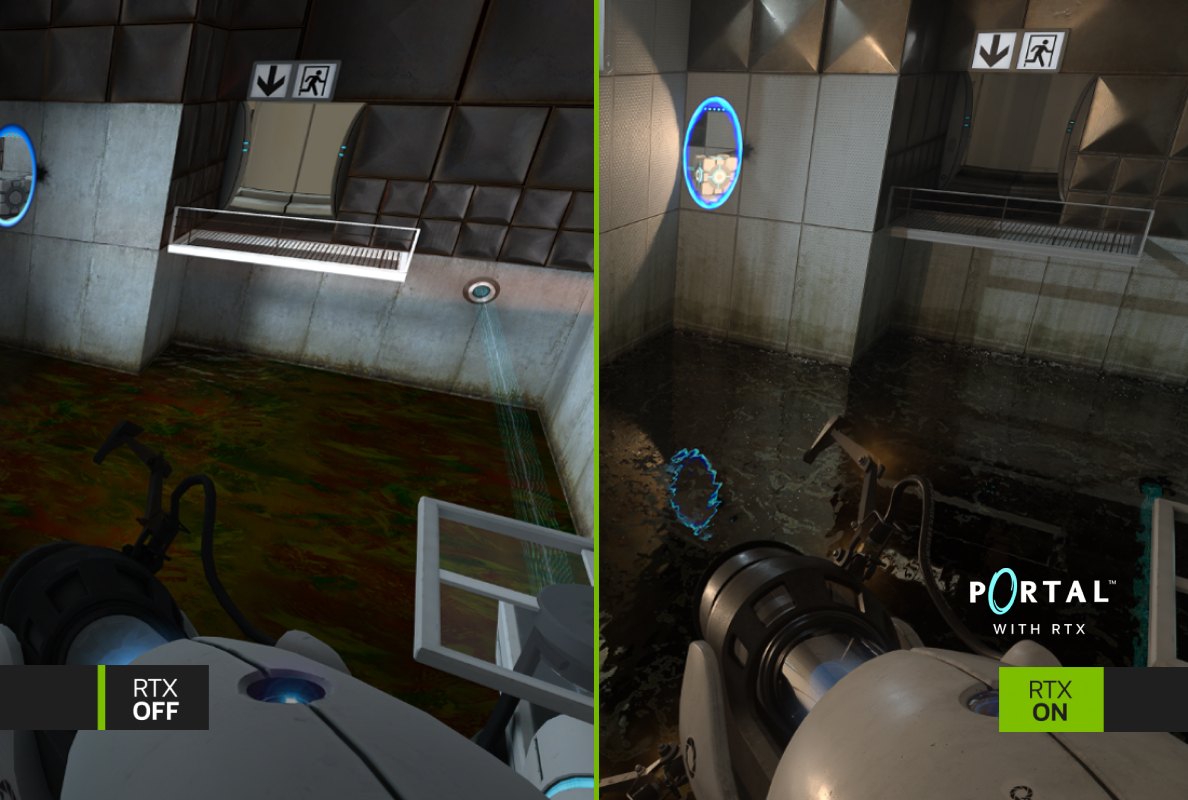 Captura de pantalla dividida de Portal con y sin RTX. Se ven portales azules y paredes modulares en un entorno de juego.