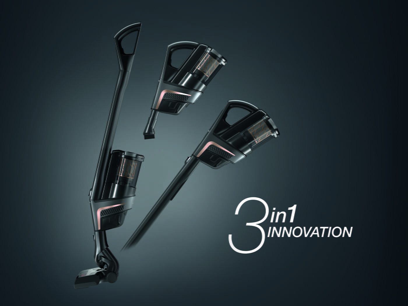 Aspiradoras negras flotan sobre fondo gris con texto "3 in 1 Innovation" en blanco.