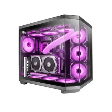 Caja de ordenador gris con ventiladores circulares iluminados en tono morado. En su interior se distinguen componentes electrónicos.