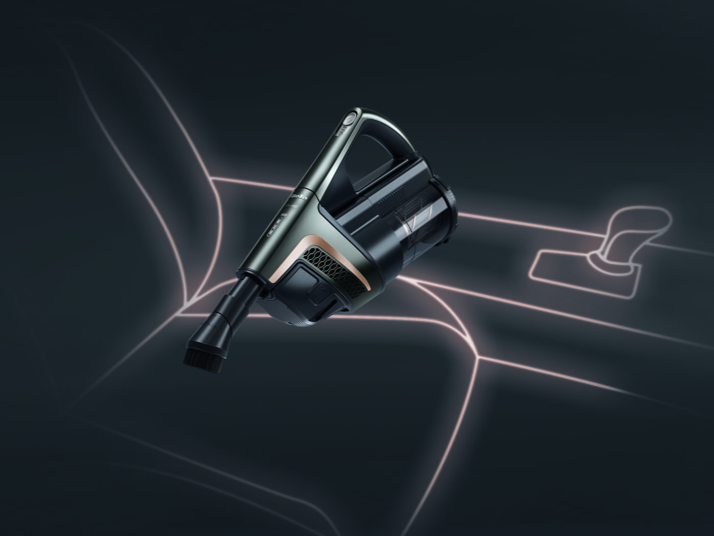 Aspiradora vertical inalámbrica en gris y negro, con accesorio de cepillo, sobre fondo oscuro con líneas decorativas.