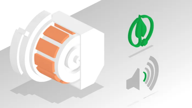 Imagen ilustrativa del motor ecoSilence, con gráficos de una hoja verde por su sustentabilidad, y uno de volumen bajo, para destacar su mínimo ruido