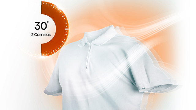 Foto de un polo blanco sobre fondo naranja con un reloj que marca 30 minutos.