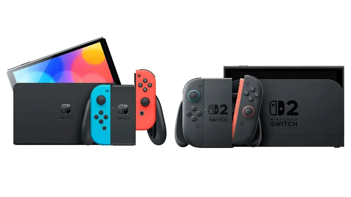 Dos consolas Nintendo Switch OLED, una con mandos azul y rojo, y otra en negro y naranja, con pantalla encendida.