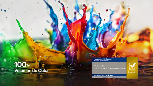 Salpicaduras de pintura de colores vivos con texto “100% Volumen de Color” y sello de certificación.