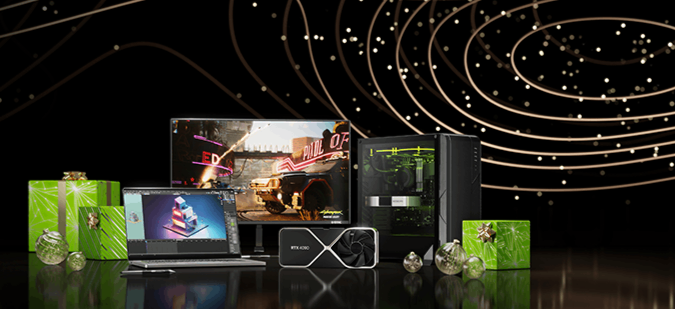 Monitor, ordenador de escritorio, tarjeta gráfica, portátil y regalos verdes sobre una superficie brillante. Fondo negro con líneas doradas.