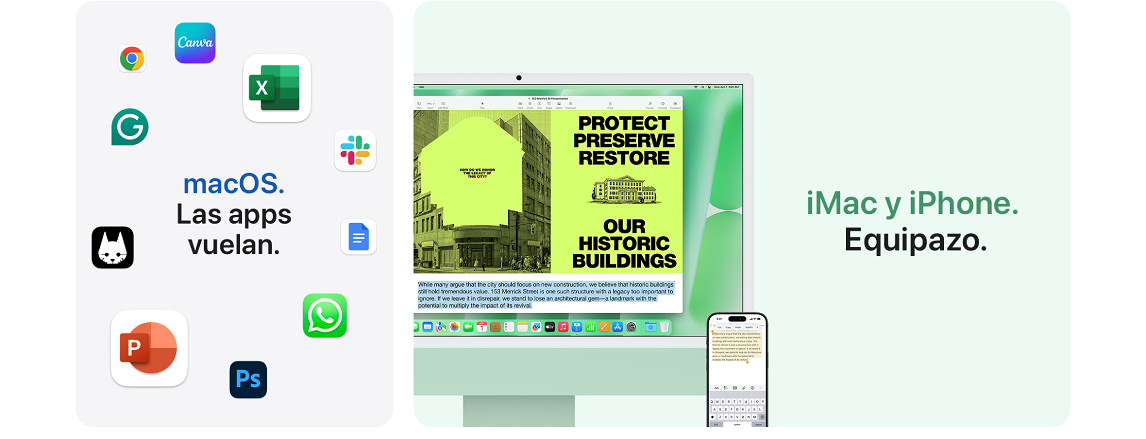 iMac y iPhone muestran apps como Canva, Excel, Google, Slack, WhatsApp, PowerPoint y Photoshop. Texto: "macOS. Las apps vuelan".