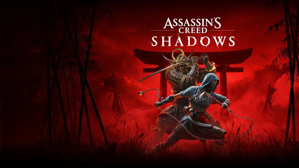 Título del videojuego "Assassin's Creed Shadows" con dos figuras frente a un torii rojo. Uno es un guerrero con armadura y el otro, un ninja.