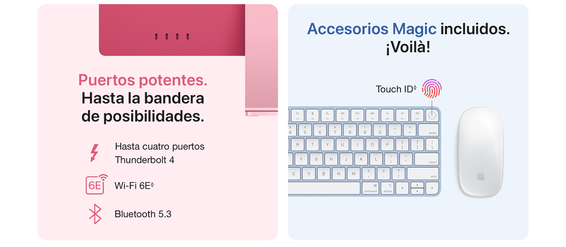 Anuncio de accesorios tecnológicos con teclado azul claro, ratón blanco, y texto sobre puertos Thunderbolt, Wi-Fi y Bluetooth.