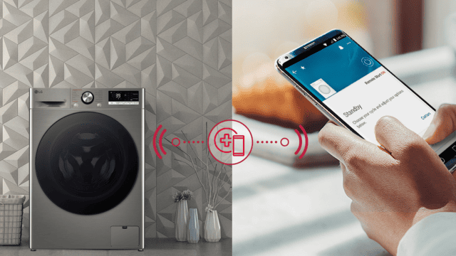 Lavasecadora LG conectada al smartphone vía app para control y diagnóstico inteligente.