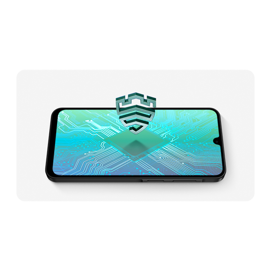 Un teléfono inteligente negro muestra un escudo verde sobre una pantalla con un diseño de circuito azul y blanco.