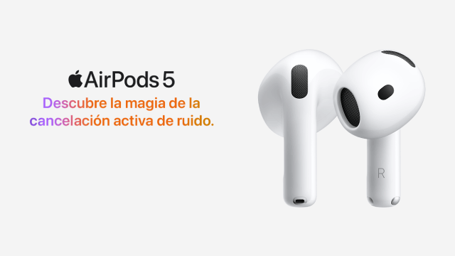 AirPods 5 de Apple: Auriculares inalámbricos blancos con micrófonos integrados y texto promocional sobre la cancelación activa de ruido.