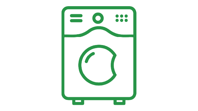 Un icono de lavadora verde delineado sobre un fondo blanco, que muestra la puerta, los controles y la base.