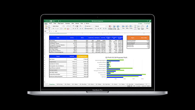 Un MacBook Pro muestra una hoja de cálculo con tablas azules, amarillas y una gráfica de barras azul y verde.