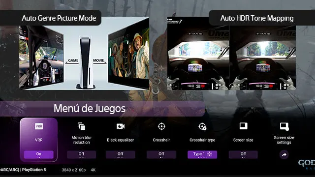 Menú de juegos con ajustes VRR activado, desenfoque de movimiento desactivado, y tipo de mira tipo 1, sobre fondo negro.