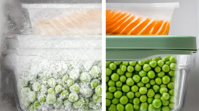 Infografía que muestra dos mitades de dos recipientes, a la izquierda con escarcha, a la derecha, sin ella gracias a la tecnología NoFrost