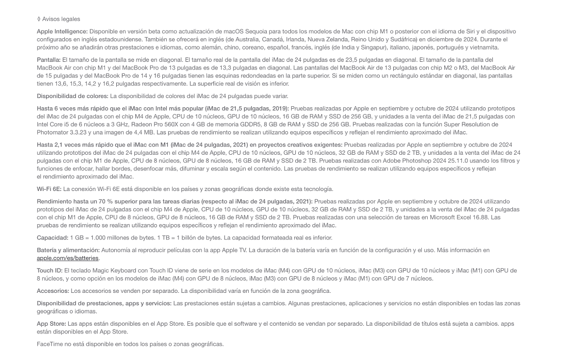 Texto con información legal y especificaciones técnicas de productos Apple como iMac y MacBook, mencionando procesadores, memoria y software.