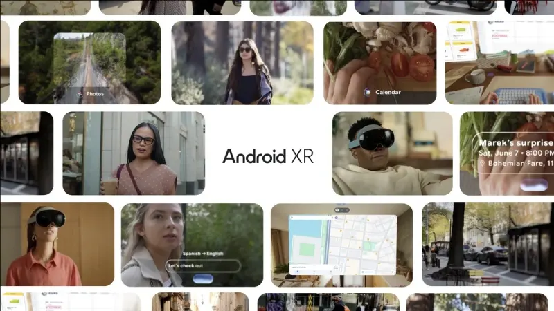 Collage con texto "Android XR" y personas usando gafas de realidad mixta en diversos entornos y con diferentes aplicaciones.