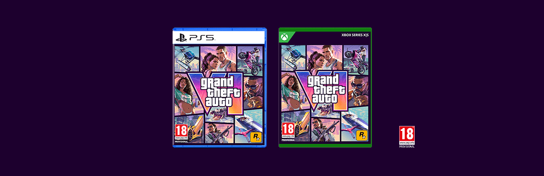 Grand Theft Auto VI - Lanzamiento 19 de noviembre de 2026. Muestra personajes, helicópteros, coches deportivos y motos sobre fondo púrpura con texto "Resérvalo ya".
