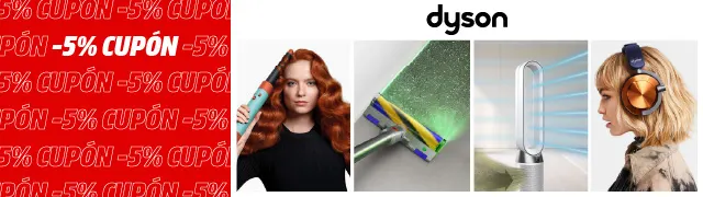 Anuncio de MediaMarkt con productos Dyson. El anuncio muestra una plancha para el pelo, un purificador de aire y auriculares.