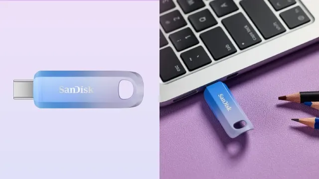 la memoria usb C de sandisk creator conectada a un ordenador portátil transfiriendo información