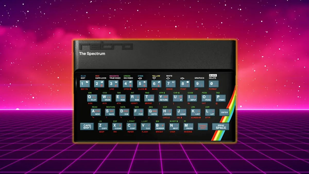 Teclado negro con teclas multicolores sobre un fondo retro con líneas púrpuras y rosas. Las teclas tienen letras y números blancos.
