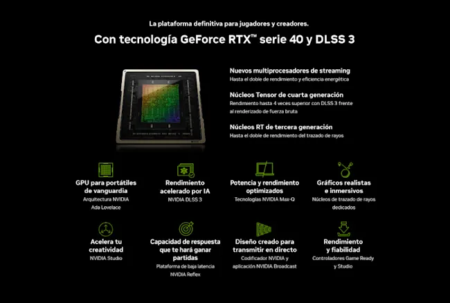 Fondo negro con texto en español y la representación visual de una tarjeta gráfica con componentes multicolores.