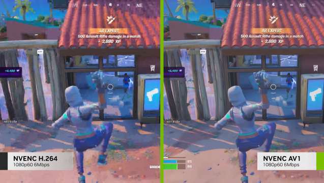 Dos pantallas lado a lado muestran un avatar de videojuego sosteniendo un pico frente a un edificio con techo rojo.