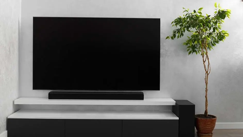 Televisor negro sobre mueble blanco y negro, con barra de sonido. Planta en maceta marrón al lado. Fondo gris.