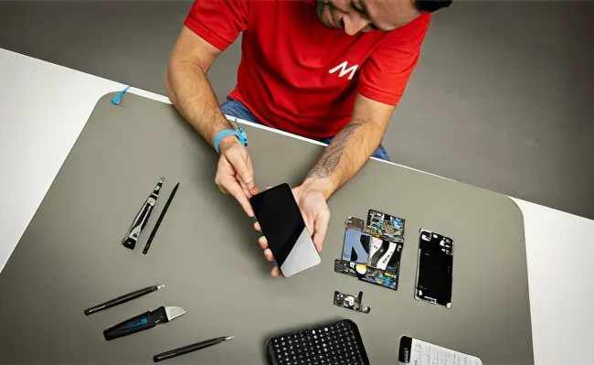 Hombre reparando un teléfono con una camiseta roja de MediaMarkt