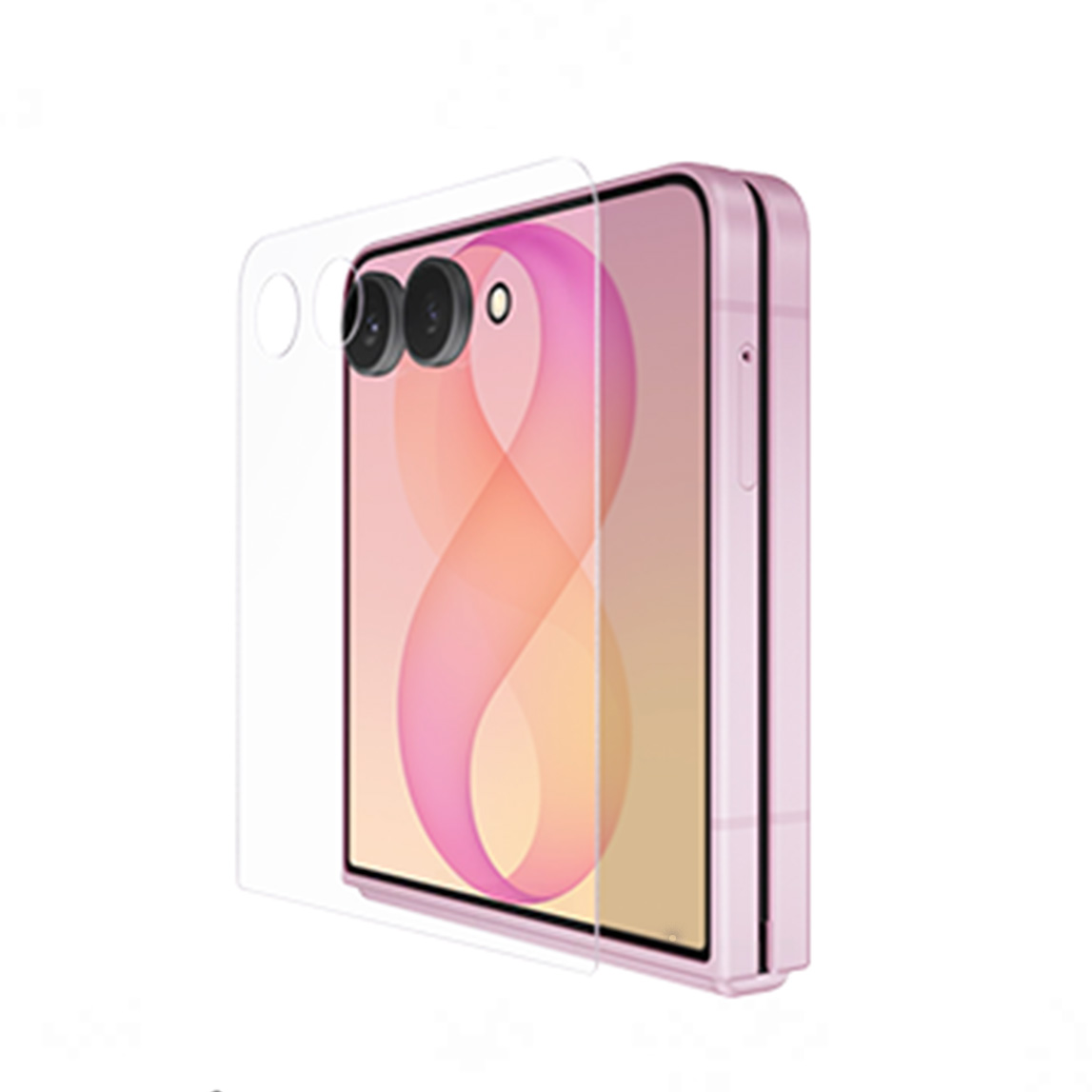 Galaxy Z Flip rosa con protector transparente en la pantalla exterior y las cámaras.