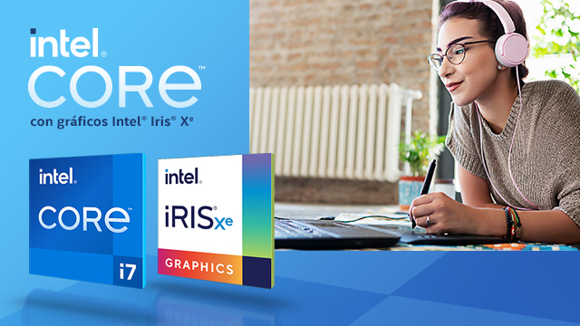 Logos de Intel Core e Iris Xe junto a mujer usando audífonos y tableta gráfica frente a radiador y planta.