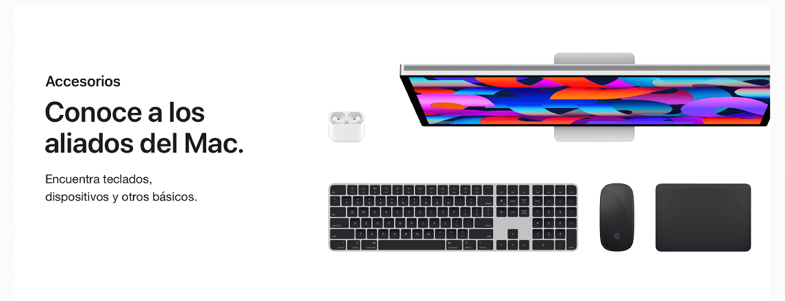 Monitor, auriculares, teclado, ratón y trackpad sobre fondo blanco. El monitor muestra una pantalla con formas geométricas de colores.
