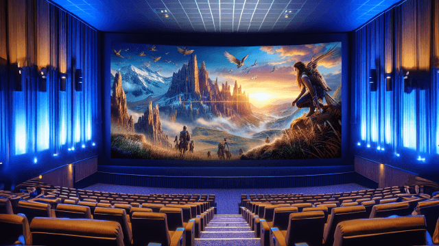 Sala de cine con butacas marrones y pantalla grande con paisaje de montaña, aves y figuras humanas al atardecer. Luces azules.