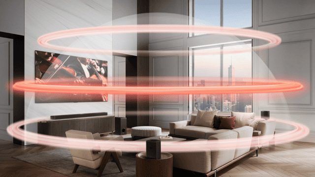 Salón con sofá beige, TV y barra de sonido sobre mueble gris. Tres aros rojos rodean la escena. Ventana con vista urbana.