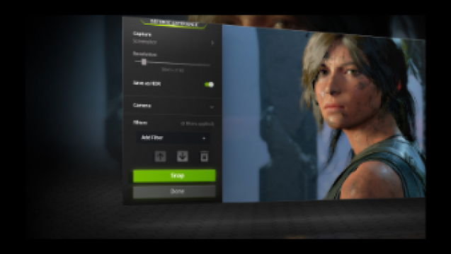 Una pantalla muestra ajustes gráficos junto a una figura femenina con camiseta sin mangas sobre un fondo neutro.