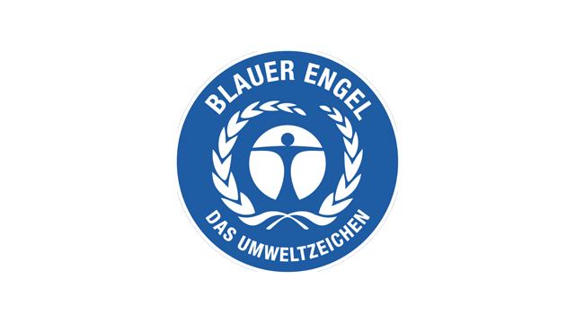 Logotipo azul y blanco del sello ambiental "Blauer Engel" con figura humana estilizada en el centro y texto circular.
