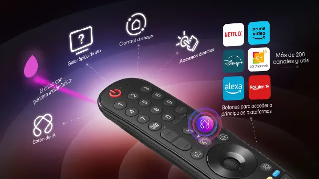 Mando a distancia negro con botones numéricos y acceso directo a apps: Netflix, Prime Video, Disney+, Alexa y Rakuten TV.
