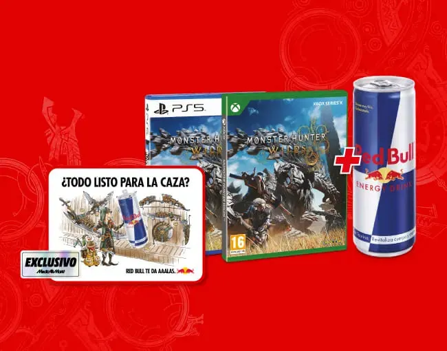 Fondo rojo con juegos de PS5 y Xbox, una lata de Red Bull y un anuncio con el texto "¿Todo listo para la caza?".
