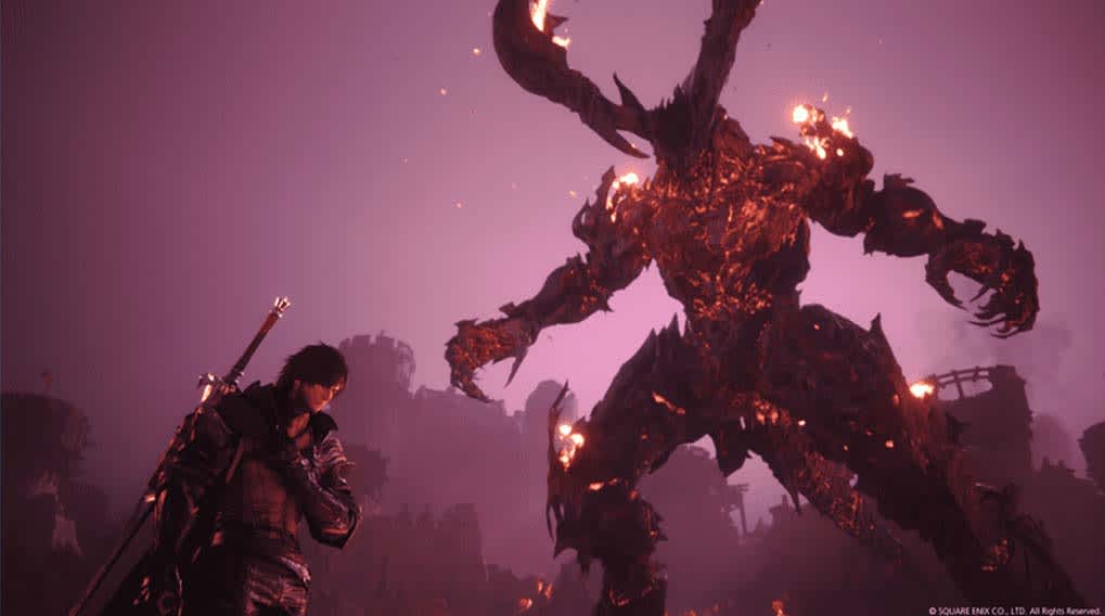 Un hombre con espada se enfrenta a un monstruo con cuernos y fuego en un entorno de tonos morados.