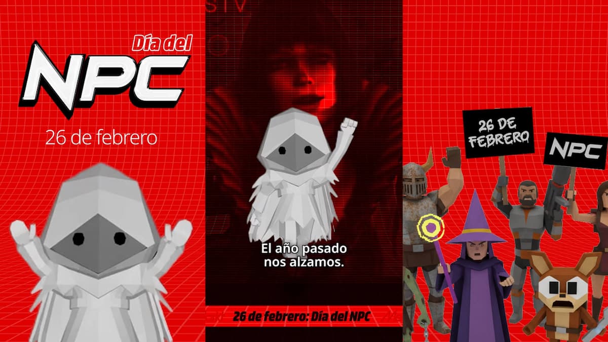 Creatividad del Día del NPC con personaje gris alzando brazos y NPC manifestándose el 26 de febrero.