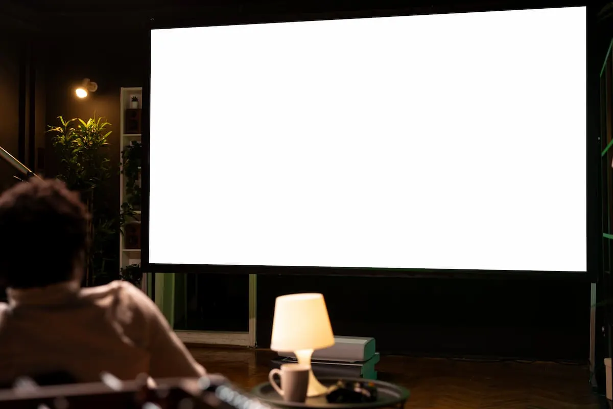 Persona viendo una pantalla blanca de proyector en una sala oscura.
