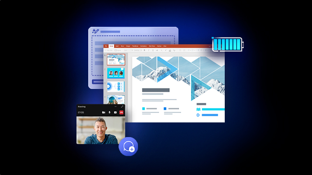 Pantalla digital con interfaz de presentación, ventana de video y notificaciones sobre fondo azul oscuro. Un cursor apunta a un cuadro de texto.