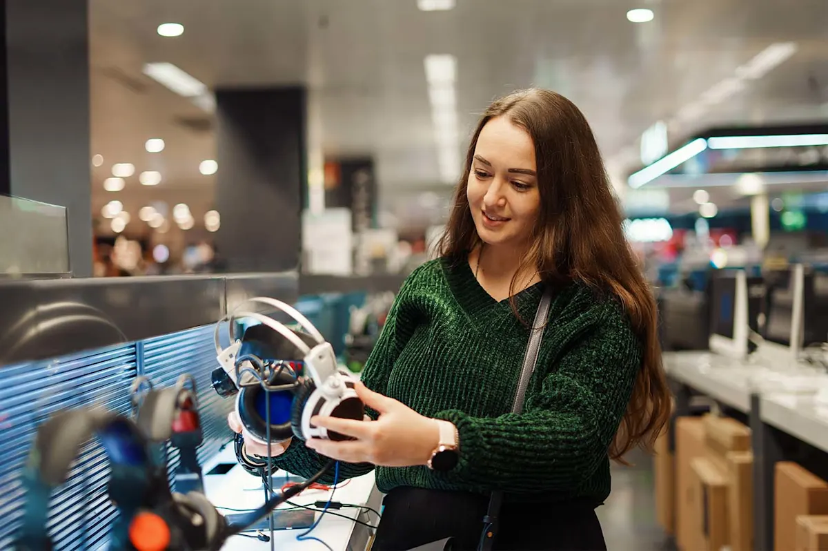 Una mujer examina auriculares blancos en una tienda iluminada. Hay otros auriculares y cajas en segundo plano.