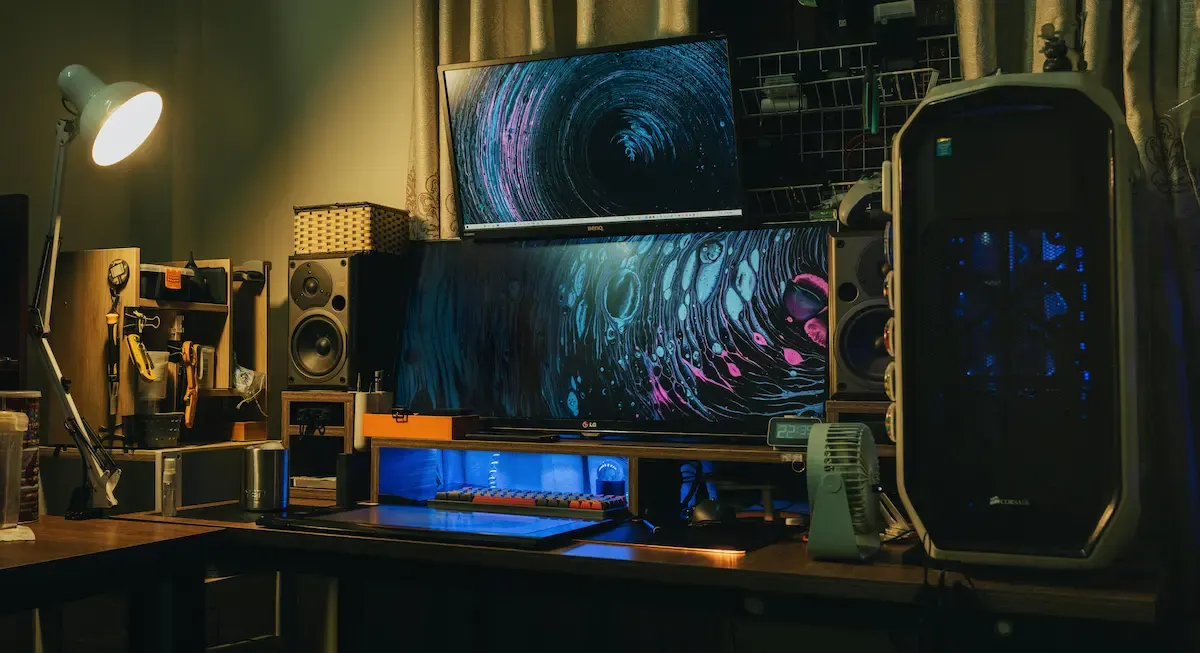 Escritorio con dos monitores mostrando espirales, teclado iluminado, PC grande, altavoces, lámpara de brazo y cortinas.