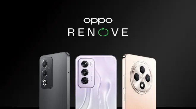 Tres móviles OPPO Reno con múltiples lentes de cámara sobre fondo negro. El texto "OPPO RENO" está en la parte superior.