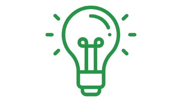 Un icono verde de una bombilla con filamentos y destellos sobre un fondo blanco representa una idea o innovación.