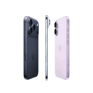 Cuatro modelos de Apple iPhone alineados en colores blanco, azul, dorado y negro. El teléfono blanco tiene una sola cámara trasera, el azul tiene dos cámaras traseras, el dorado tiene tres cámaras traseras y el negro también tiene tres cámaras traseras. La pantalla del teléfono negro está encendida y muestra un fondo con tonos oscuros y formas curvas en colores cálidos