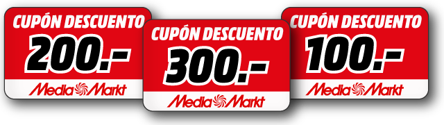 Tres cupones de descuento rojos y blancos de Media Markt con valores de 200, 300 y 100.